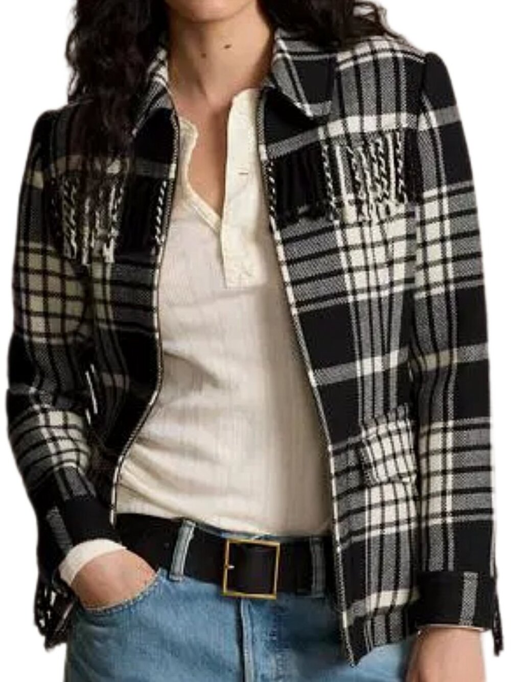 Polo Ralph Lauren Plaid Fringe-Trim Wool Jacket NWT Black Cream Size 4
